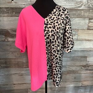 Vibrant Pink and Leopard Print Silky Blouse